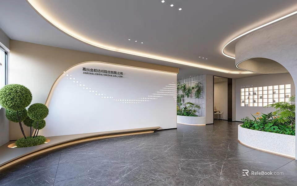 Modern Service Hall Interior Design With Curved Wall Green Plants And Reception Desk 3d model 