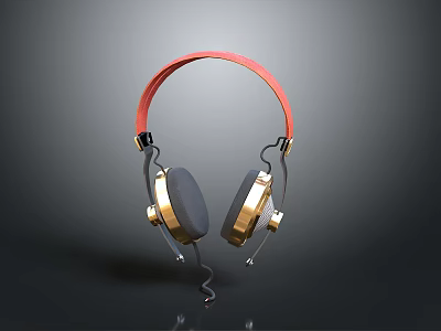 Stylish Wired Headphones With Red Headband Golden Ear Cups And Black Pads 3d model