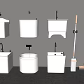 Collection Of Different Styles White Bathroom Washbasins And Cleaning Tools