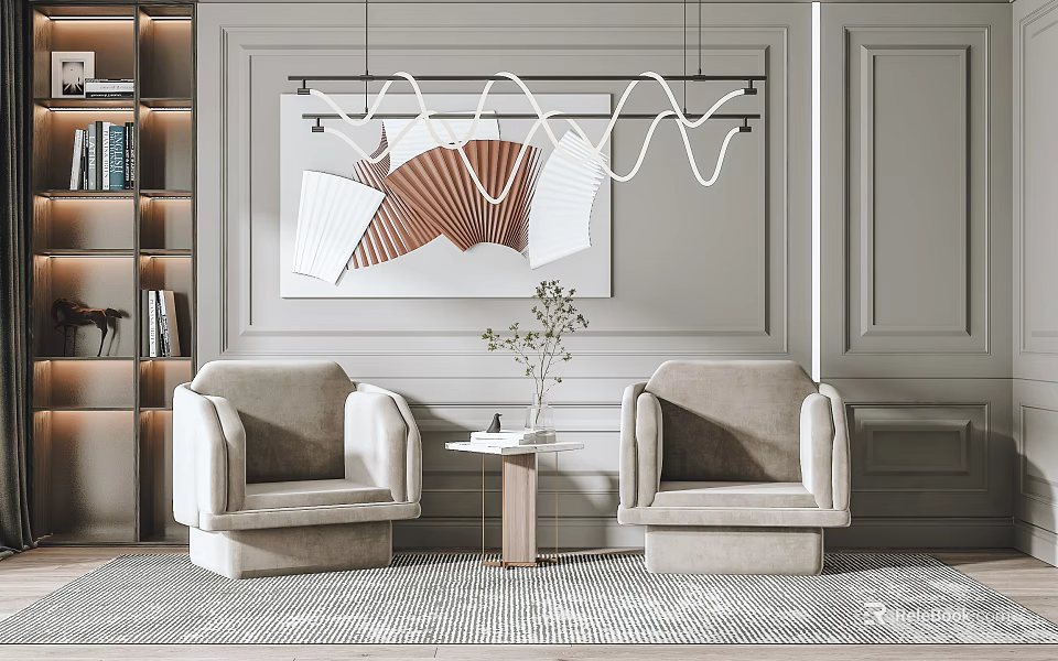 Casual Sofa Set With Two Beige Armchairs Small Side Table Green Plant And Wall Art 3d model 
