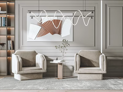 Casual Sofa Set With Two Beige Armchairs Small Side Table Green Plant And Wall Art 3d model