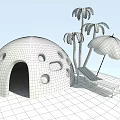 Fun Beach Scene With Watermelon Shaped Hut Palm Trees And Colorful Umbrella Deck Chair