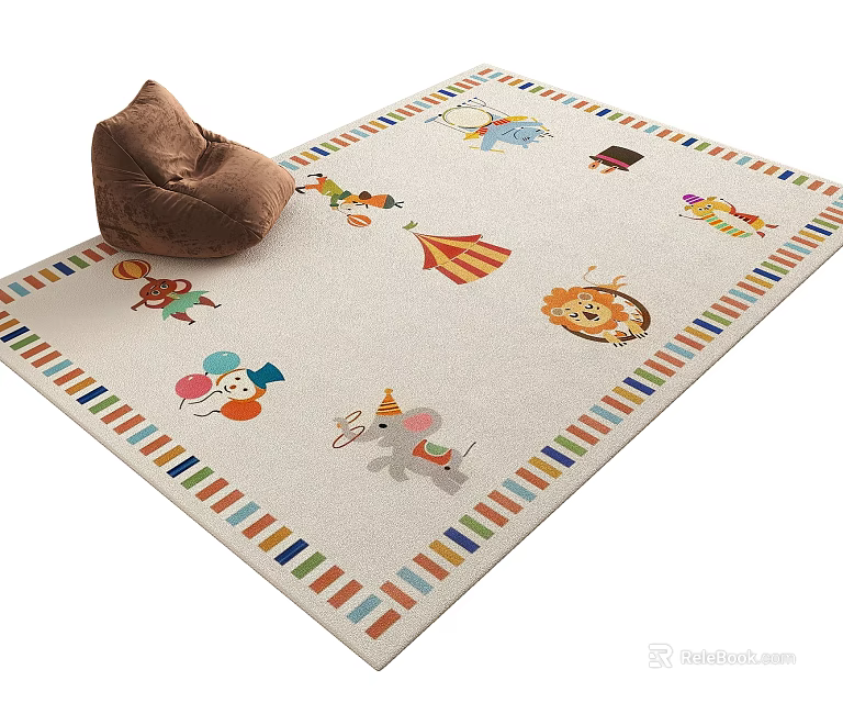 Colorful Border Square Rug With Circus Cartoon Patterns And Bean Bag Chair For Kids Room 3d model 