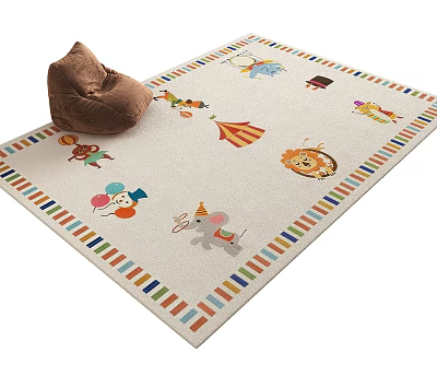 Colorful Border Square Rug With Circus Cartoon Patterns And Bean Bag Chair For Kids Room 3d model