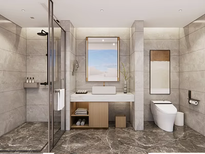 Modern Elegant Hotel Bathroom Interior With Marble Shower Vanity Mirror And Toilet 3d model