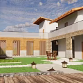 Stone And Wooden Boutique Villa Exterior With Swimming Pool Lounge Chairs And Umbrella