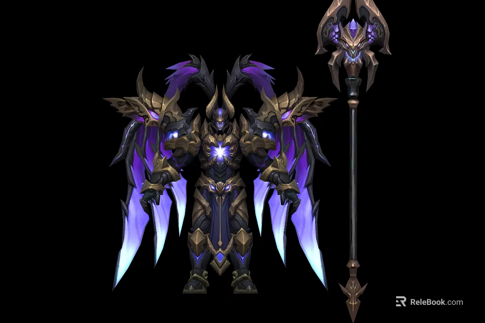 Winged Warrior Character And Mythical Creature With Purple Gold Armor Glowing Chest And Staff 3d model 