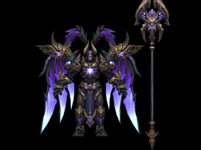 Winged Warrior Character And Mythical Creature With Purple Gold Armor Glowing Chest And Staff 3d model