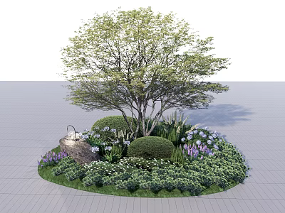 Lush Green Arbor in Garden Landscape With Bushes Flowers and Stone Water Feature 3d model
