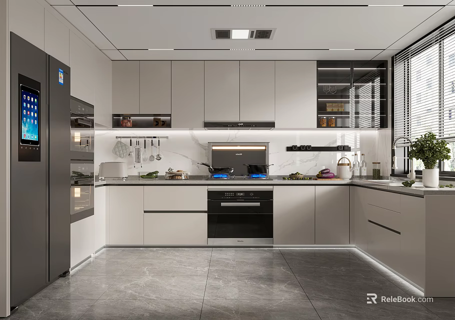 Modern Kitchen Interior Design With White Cabinets Integrated Appliances And Gray Flooring 3d model 