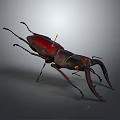 Red and Dark Stag Beetle With Large Mandibles On Gray Background Close Up View