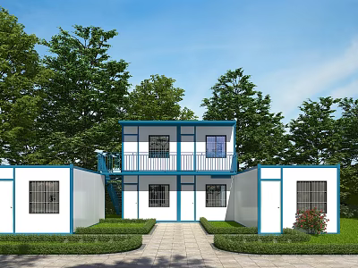 Modern Two Story Container Building With Blue Railings Staircase Surrounded By Trees And Green Lawn 3d model