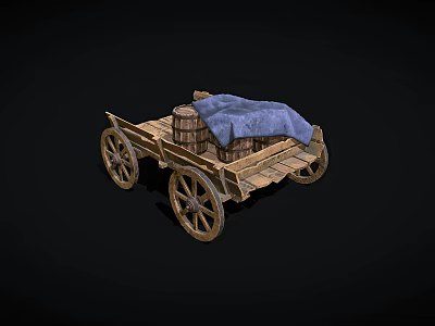 Wooden Cart With Stacked Barrels And Blue Cloth Covered On Top 3d model