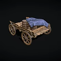 Wooden Cart With Stacked Barrels And Blue Cloth Covered On Top