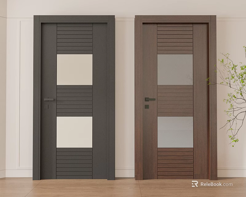 Modern Interior Swing Doors Featuring Glass Panels in Dark Gray and Brown 3d model 