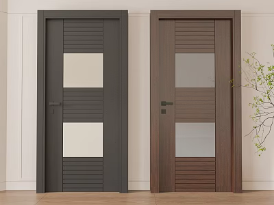 Modern Interior Swing Doors Featuring Glass Panels in Dark Gray and Brown 3d model