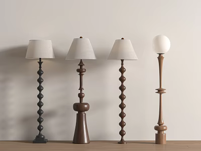 Floor Lamps With Various Spiral Cone Spherical Bases Black Brown Against White Wall Wooden Floor 3d model