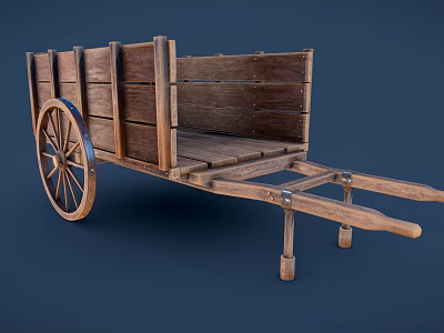 Wooden Cart With Wooden Bed Wheel And Handles On Blue Background 3d model
