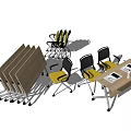Foldable Wooden Office Desk With Wheeled Black Yellow Chairs And Laptop