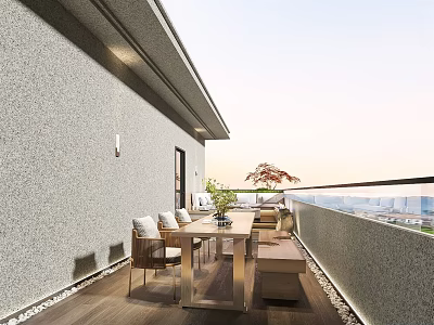 Serene Roof Garden With Wooden Deck Dining Table Chairs Bench Glass Railing And City View 3d model