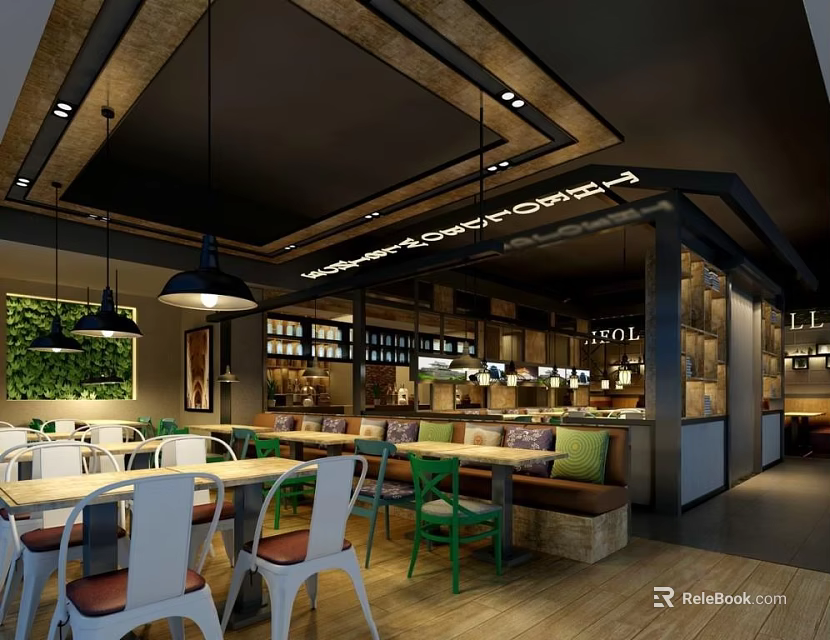 Modern Restaurant Interior Design With Green Wall Chandeliers And Colorful Chairs 3d model 
