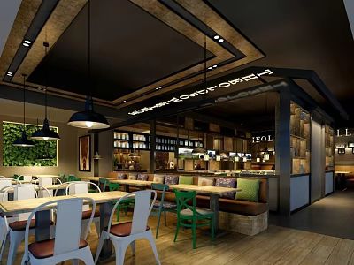 Modern Restaurant Interior Design With Green Wall Chandeliers And Colorful Chairs 3d model