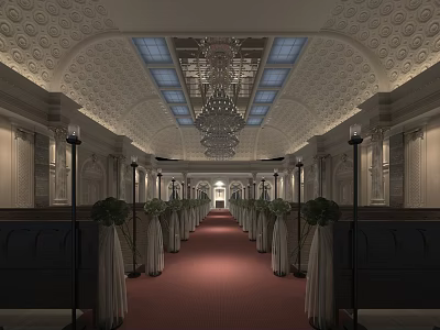 Opulent Corridor With Red Carpet Chandelier And Decorative Ceiling Columns Green Plants 3d model