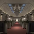Opulent Corridor With Red Carpet Chandelier And Decorative Ceiling Columns Green Plants