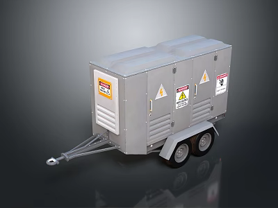 Industrial Equipment Trailer Mounted With Metal Enclosure Warning Labels And Wheels 3d model