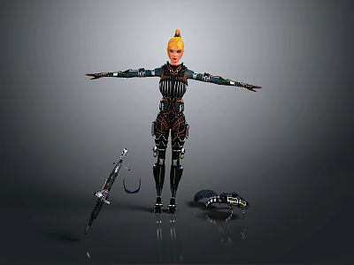 Game Movie Character with Blonde Hair Black Armored Bodysuit Arms Outstretched and Sword Gear 3d model