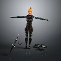 Game Movie Character with Blonde Hair Black Armored Bodysuit Arms Outstretched and Sword Gear