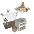 Modern Bathroom White Washbasin With Wicker Pendant Light Bathtub And Ceramic Jar