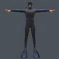 Diver In Black Diving Suit With Silver Oxygen Tank And Arms Outstretched Against Gray Background 3d model