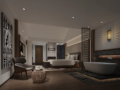 Modern Hotel Room Interior With King Bed Bathtub Decorative Painting And Wooden Flooring 3d model