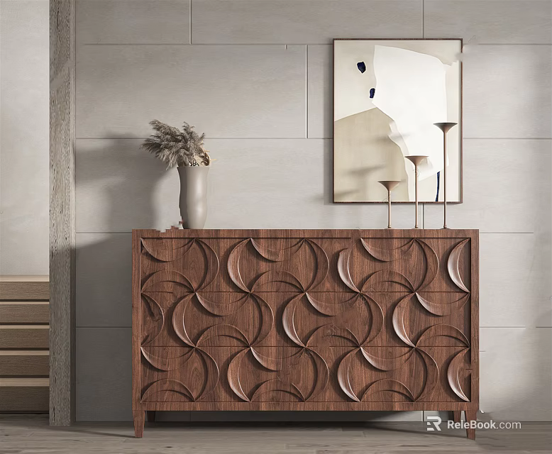 Modern Walnut Wood Console Table Sideboard With Geometric Patterns Vase And Wall Mirror 3d model