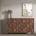 Modern Walnut Wood Console Table Sideboard With Geometric Patterns Vase And Wall Mirror 3d model