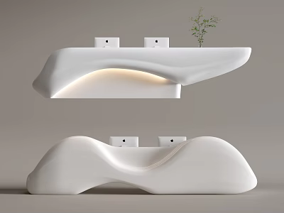 Modern White Curved Reception Desk With LED Lighting And Small Plant Decor 3d model