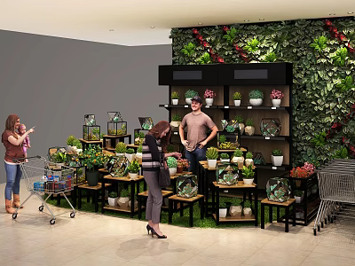 Stylish Display Shelves With Potted Plants Green Wall And Shoppers In Retail Space 3d model
