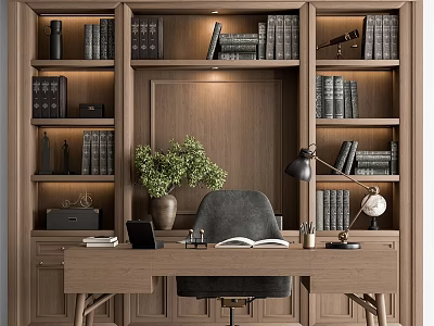 Cozy Office Desk With Bookshelf Books Laptop Table Lamp Green Plant Open Book And Stationery 3d model