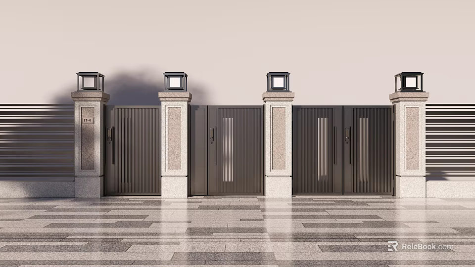 Modern Entrance Gate With Stone Pillars And Top Lanterns On Paved Ground 3d model 