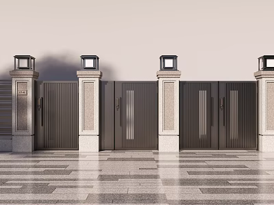 Modern Entrance Gate With Stone Pillars And Top Lanterns On Paved Ground 3d model