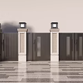 Modern Entrance Gate With Stone Pillars And Top Lanterns On Paved Ground