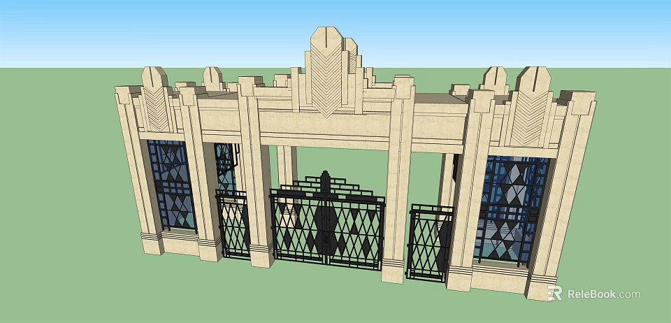 Art Deco Entrance Gate With Wrought Iron Doors Stone Frame And Stained Glass Windows 3d model 