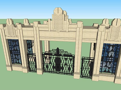 Art Deco Entrance Gate With Wrought Iron Doors Stone Frame And Stained Glass Windows 3d model
