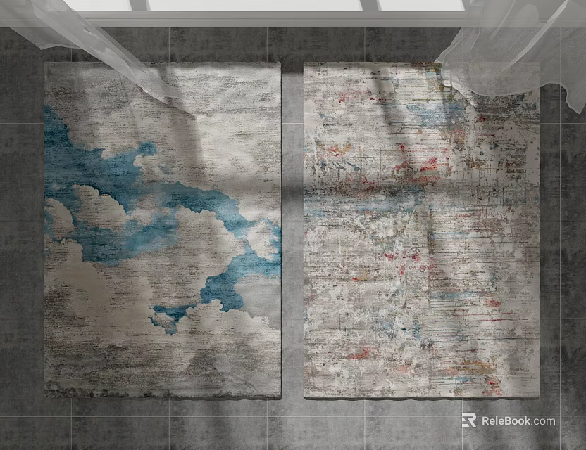 Two Stylish Square Rugs Featuring Abstract Blue White and Colorful Map Inspired Patterns 3d model 