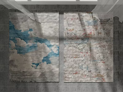Two Stylish Square Rugs Featuring Abstract Blue White and Colorful Map Inspired Patterns 3d model