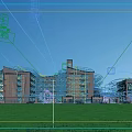 Red Multi Story School Building With Clock Tower Green Lawn And Students Outdoor Area