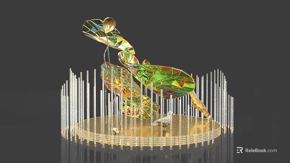 Intricate Colorful Crystal Sculpture With Transparent Slim Columns And Golden Base 3d model 