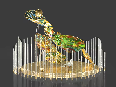 Intricate Colorful Crystal Sculpture With Transparent Slim Columns And Golden Base 3d model