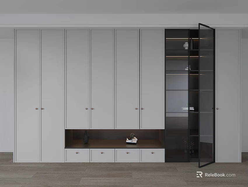 Modern Wardrobe Design With White Cabinetry Glass Door Drawers And Storage Space 3d model 